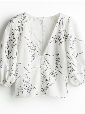 H&M White Floral Button-Front Puff Sleeve Blouse
